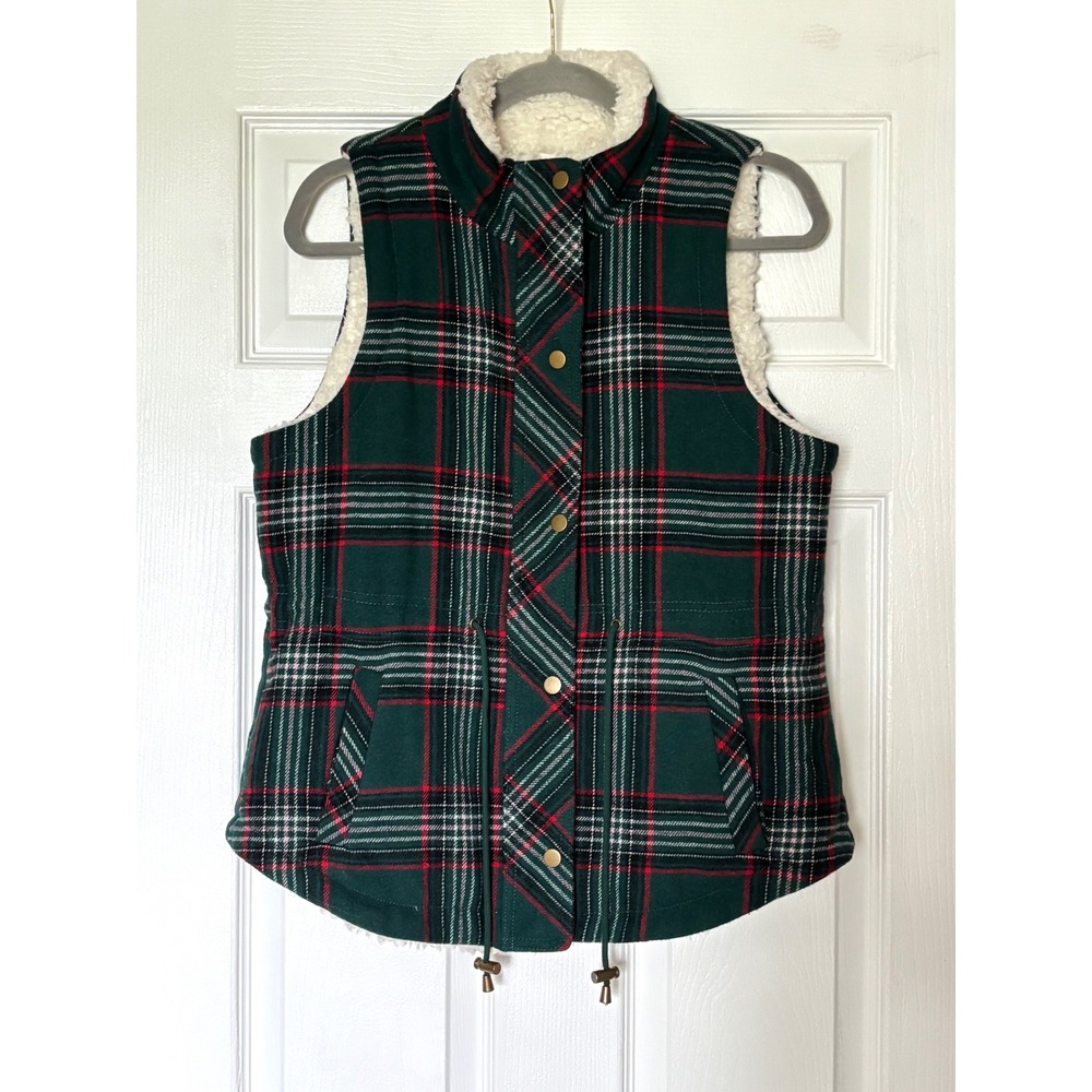 Maurices Plaid Sherpa Lined Vest Green Red Wool Blend Zip Front Medium